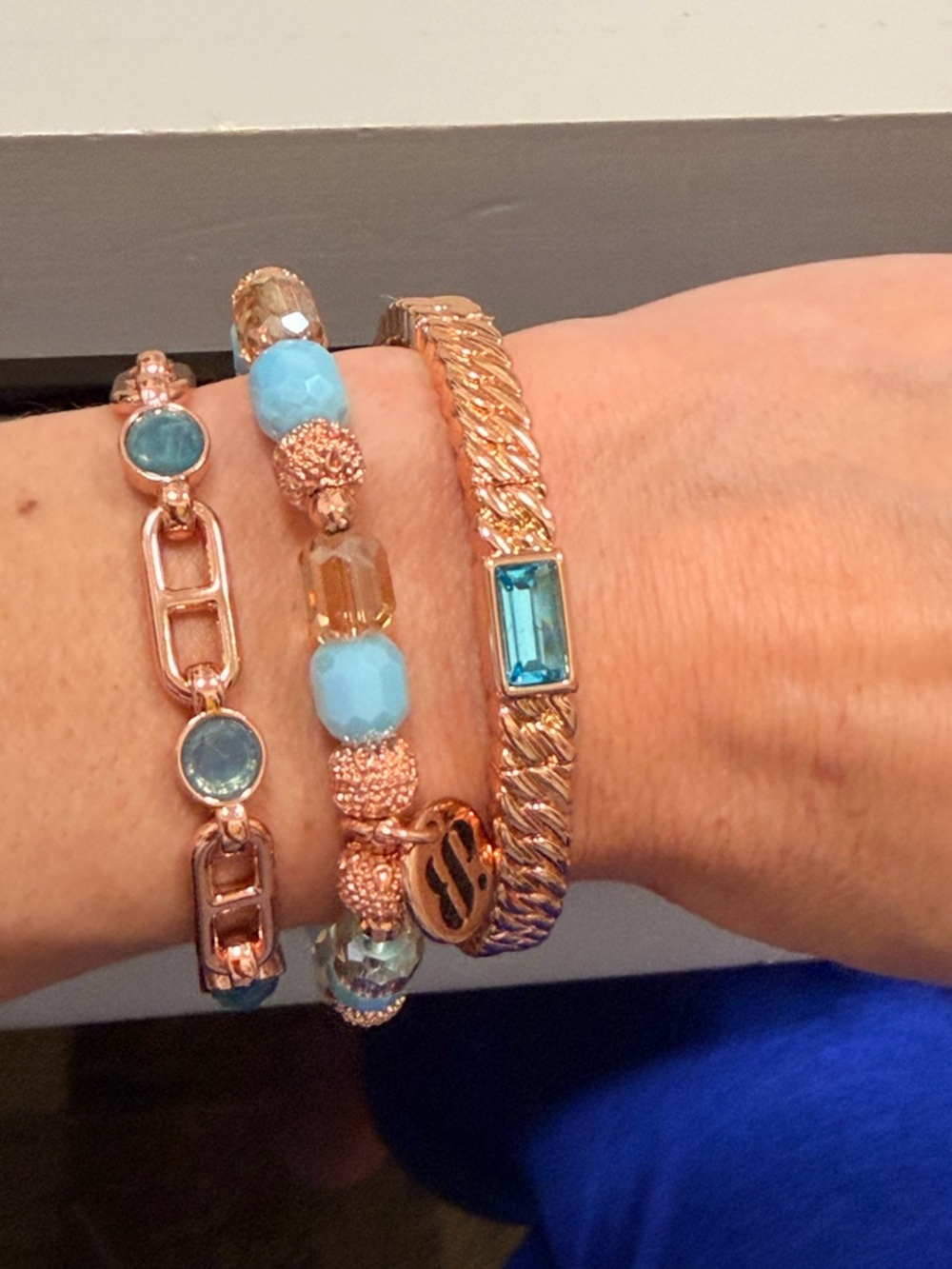 Bomb Party NWOT! Rose Gold Bracelet Stack with Teal and Aqua Accents